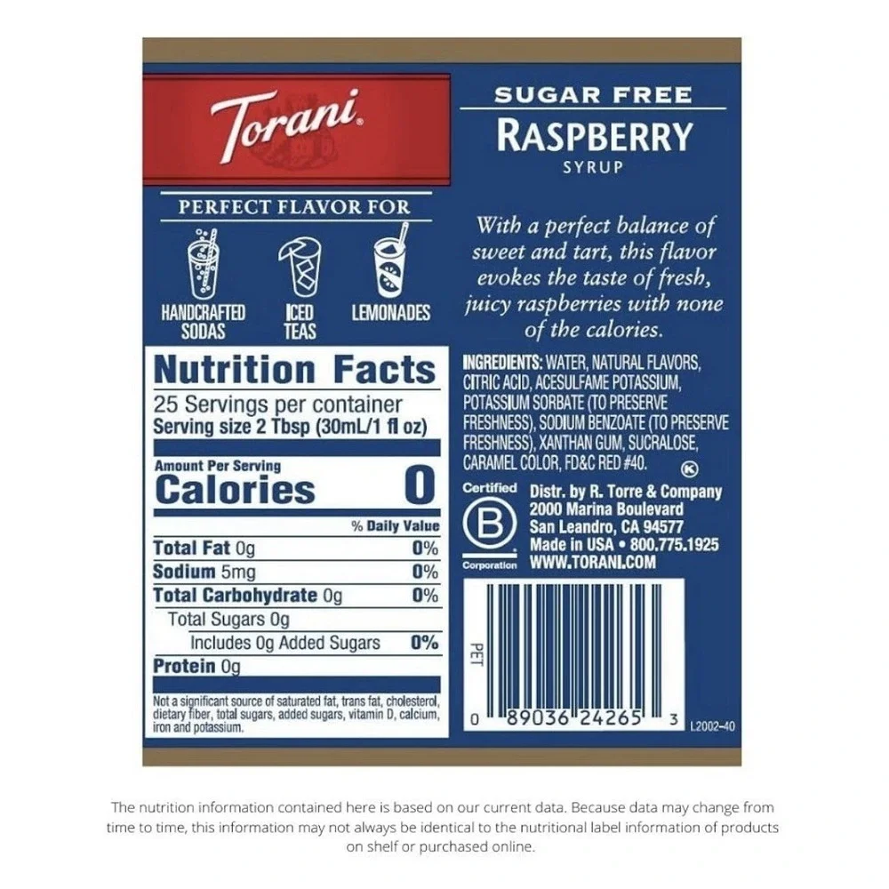 Torani Sugar Free Raspberry Syrup 25.4 oz 750ml 2 Bottles Keto Gluten Free 0 Cal